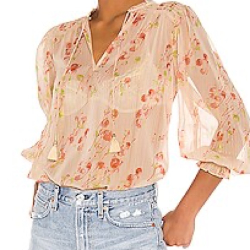 Paige Indira Blouse Multiglow Metallic Tassels Sheer Peach and Pink Size Small